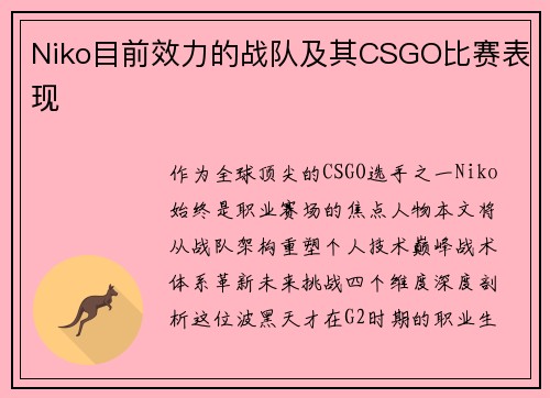 Niko目前效力的战队及其CSGO比赛表现