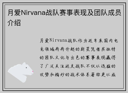 月爱Nirvana战队赛事表现及团队成员介绍