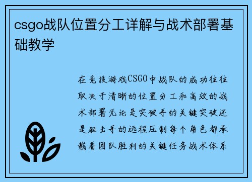 csgo战队位置分工详解与战术部署基础教学